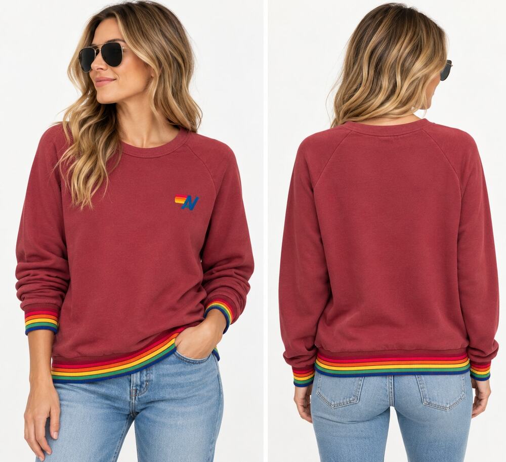 Aviator Nation Rainbow Stripe Crewneck Sweatshirt Burgundy Red Size Large